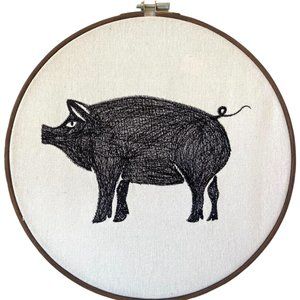Darling Handmade Embroidered Pig Wall Art – Black on Bisque Linen – 10.75" Hoop